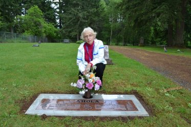 Carol at Milt's grave, 2012